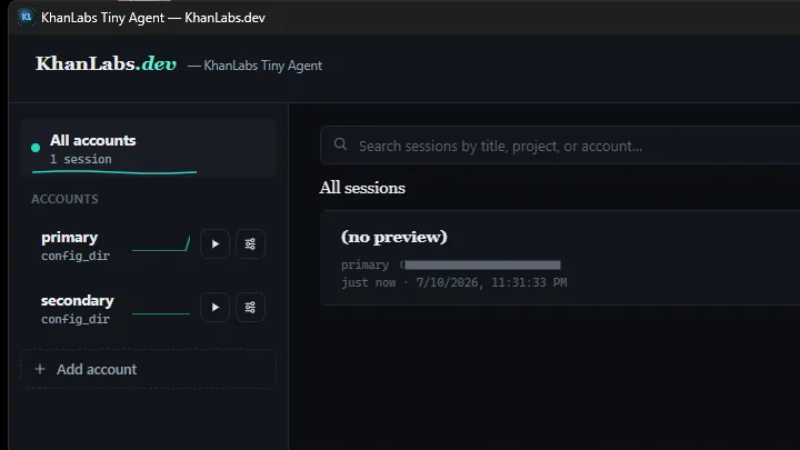 KhanLabs Agent window listing accounts and sessions