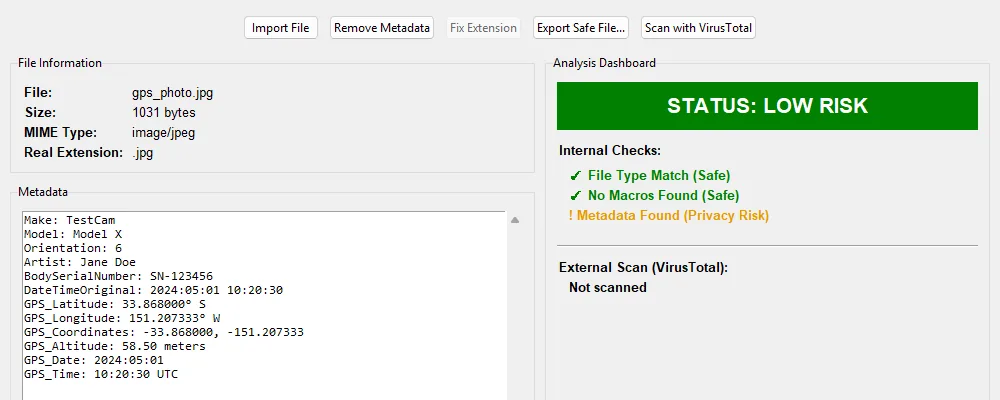 Metadata and Security Analyzer showing GPS, serial number and author metadata found in a photo