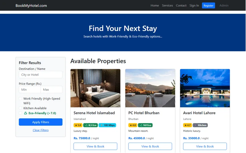 BookMyHotel home page with search filters and hotel listings