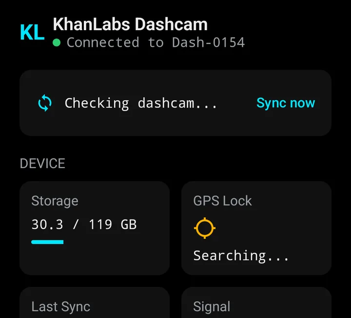KhanLabs Dashcam app dashboard connected to the dashcam