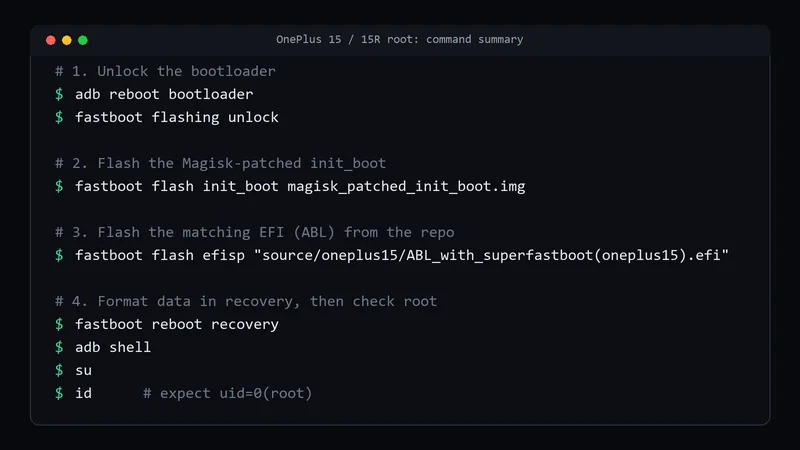Command summary from the OnePlus 15 / 15R root guide