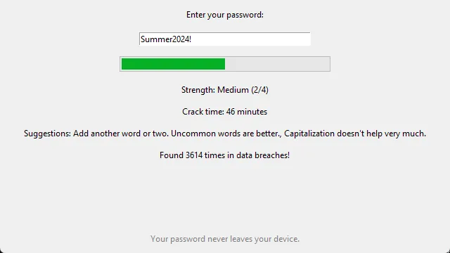 Password checker rating Summer2024! as medium strength and found 3614 times in data breaches