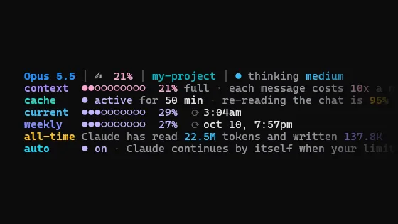 Claude Code status bar showing context, cache and usage limits